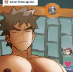  1boy bangs blurry boulder_badge brock_(pokemon) brown_hair chat_log closed_eyes closed_mouth commentary dark-skinned_male dark_skin dialogue_box english_commentary english_text heart highres idoraad large_pectorals male_focus meme misty_(pokemon) nipples pectorals pokemon pokemon_(game) pokemon_hgss pokemon_lgpe short_hair spiky_hair split_mouth topless_male twitter_username 