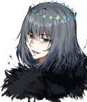  1boy :d alternate_hair_color bangs black_hair blue_eyes blush crown diamond_hairband face fate/grand_order fate_(series) from_behind fur_collar fur_trim kasudegomenna looking_at_viewer looking_back male_focus medium_hair oberon_(fate) official_alternate_costume open_mouth simple_background smile solo spoilers white_background 