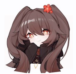  1girl absurdres black_shirt blush brown_hair error1980 flower genshin_impact hair_flower hair_ornament head_rest highres hu_tao_(genshin_impact) long_hair long_sleeves looking_at_viewer red_eyes shirt smile solo twintails white_background 