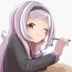  1girl ;) absurdres black_hairband black_jacket blush closed_mouth grey_background greyscale hairband highres hilamaru holding holding_pencil hololive jacket long_hair long_sleeves looking_at_viewer monochrome murasaki_shion one_eye_closed pencil school_uniform shirt simple_background smile solo upper_body virtual_youtuber white_shirt 