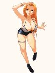  1girl absurdres bikini bikini_top_only black_footwear bracelet breasts brown_eyes earrings highres jewelry large_breasts leaning_forward long_hair looking_to_the_side nami_(one_piece) one_piece opalisart orange_hair shorts swimsuit tattoo thigh_strap white_background 