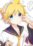  1boy aqua_eyes arm_grab blonde_hair blue_eyes cheek_pinching commentary_request eyebrows_visible_through_hair hair_between_eyes hair_ornament hair_ribbon haruame_kinako headphones highres kagamine_len necktie pinching ribbon short_hair speech_bubble translation_request vocaloid yellow_nails 