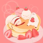  bear bird chai_(drawingchisanne) commentary_request food food_focus fruit ice_cream looking_at_viewer no_humans on_food original pancake plate polar_bear signature simple_background sitting sitting_on_food stack_of_pancakes strawberry syrup whipped_cream 