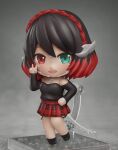  1girl aqua_eyes black_footwear black_hair blush borrowed_character chibi commission eyebrows full_body hand_on_hip heterochromia highres looking_at_viewer multicolored_hair nendoroid open_mouth original red_eyes red_skirt redhead shiori2525 short_hair skirt smile solo v 