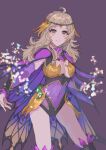  1girl ahoge asymmetrical_bangs bangs blonde_hair bodystocking breasts bridal_gauntlets cape circlet covered_navel fes4 fire_emblem fire_emblem_fates fire_emblem_heroes looking_at_viewer medium_breasts official_alternate_costume ophelia_(fire_emblem) pantyhose purple_background shiny solo sparkle thighs upper_body 