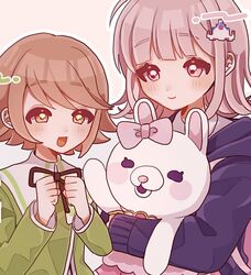  1boy 1girl :d ameko53133 bangs blush bow brown_eyes brown_hair brown_ribbon clenched_hands danganronpa:_trigger_happy_havoc danganronpa_(series) danganronpa_2:_goodbye_despair doll_hug ear_bow eyebrows_visible_through_hair fujisaki_chihiro galaga green_jacket hair_ornament hands_up hood hood_down jacket looking_at_another medium_hair nanami_chiaki neck_ribbon object_hug pink_bow pink_eyes purple_jacket ribbon short_hair smile usami_(danganronpa) 