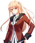  1girl arcelle baldr_sky bangs blonde_hair blush breasts brown_eyes collared_shirt eyebrows_visible_through_hair frown fur_trim green_ribbon hair_behind_ear hand_on_hip highres jacket looking_at_viewer medium_breasts minazuki_sora neck_ribbon red_jacket ribbon shirt solo two_side_up white_background white_shirt 