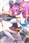  1girl bell blue_hair bow breasts cleo_(dragalia_lost) commentary_request dragalia_lost dress gonzarez gradient_hair hair_bell hair_bow hair_ornament hair_ribbon highres large_breasts multicolored_hair pink_eyes pink_hair purple_hair ribbon solo staff twintails white_dress white_legwear 