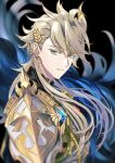  1boy armor baldr_(granblue_fantasy) bangs black_background blonde_hair braid breastplate clothing_cutout feather_boa from_side granblue_fantasy green_eyes hair_ornament long_hair looking_at_viewer looking_to_the_side male_focus parted_lips randy_(randyrandy39) shoulder_cutout simple_background solo teeth upper_body 
