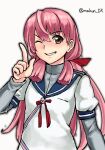  1girl akashi_(kancolle) blue_sailor_collar blunt_tresses brown_eyes hair_ribbon kantai_collection long_hair long_sleeves looking_at_viewer makun_dx one-hour_drawing_challenge one_eye_closed pink_hair ribbon sailor_collar school_uniform serafuku shirt simple_background solo tress_ribbon twitter_username upper_body white_background white_shirt 