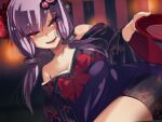  1girl absurdres at2. bare_shoulders blush collarbone eyebrows_visible_through_hair fangs floral_print half-closed_eyes highres long_hair looking_at_viewer low_twintails lying off-shoulder_kimono on_side open_mouth purple_hair smile solo teeth twintails violet_eyes voiceroid yuzuki_yukari 