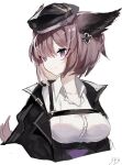  1girl 343_(sakananono) animal_ears arknights artist_name black_headwear black_jacket breasts collared_shirt cropped_torso dur-nar_(arknights) eyebrows_visible_through_hair flower fox_ears fox_girl fox_tail hair_flower hair_ornament hat jacket medium_breasts open_clothes open_jacket purple_hair shirt short_hair simple_background smile solo tail upper_body violet_eyes white_background white_shirt 