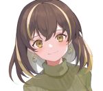  1girl arknights blonde_hair blush brown_hair closed_mouth commentary_request earrings green_sweater jewelry looking_at_viewer magallan_(arknights) multicolored_hair portrait short_hair simple_background smile solo streaked_hair sweater touchika two-tone_hair white_background yellow_eyes 