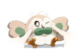  antenna_hair bird bright_pupils brown_eyes cheek_poking commentary_request disembodied_limb fluffy highres no_humans one_eye_closed owl pokemon pokemon_(creature) poking rowlet simple_background solo suchi_(fsur7444) talons white_background white_pupils 