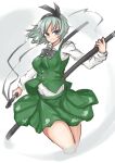  1girl absurdres black_bow black_hairband black_neckwear black_ribbon blue_eyes bob_cut bow bowtie collared_shirt eyebrows_visible_through_hair green_skirt green_vest hair_ribbon hairband highres hitodama hitodama_print katana konpaku_youmu kuraki looking_at_viewer ribbon shirt short_hair short_sleeves silver_hair skirt skirt_set smile solo sword touhou vest weapon white_background white_shirt 