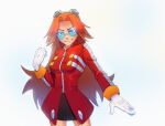  1girl bangs black_skirt blue_eyes breasts clenched_hand dr._eggman eggmaam english_commentary genderswap genderswap_(mtf) glasses gloves goggles goggles_on_head highres jacket medium_breasts orange_hair parted_bangs red_jacket rero_(rero_nn) round_eyewear skirt smile solo sonic_(series) v-shaped_eyebrows white_background white_gloves 