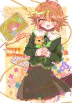  1boy alter_ego_(danganronpa) bangs blush brown_background brown_hair brown_skirt danganronpa:_trigger_happy_havoc danganronpa_(series) eyebrows_visible_through_hair flower fujisaki_chihiro green_jacket happy_birthday heart highres holding holding_flower jacket keyboard_(computer) long_sleeves male_focus monitor open_mouth orange_flower otoko_no_ko own_hands_clasped own_hands_together pleated_skirt rin_go_kko shiny shiny_hair short_hair skirt smile 