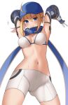  1girl @_@ absurdres ahoge arms_up artoria_pendragon_(fate) bangs baseball_cap blonde_hair blue_eyes blue_headwear blue_scarf blush breasts fate/grand_order fate_(series) hair_between_eyes hair_through_headwear hat highres kopaka_(karda_nui) large_breasts long_hair looking_at_viewer mysterious_heroine_xx_(fate) navel ponytail scarf shorts sidelocks smile solo white_shorts 