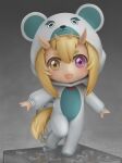  1girl blonde_hair blush borrowed_character brown_eyes chibi commission eyebrows fang full_body heterochromia looking_at_viewer medium_hair nendoroid open_mouth original outstretched_arms shiori2525 smile solo thick_eyebrows violet_eyes 