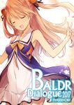  1girl :d baldr_sky bangs bell black_ribbon bow breasts closed_eyes comiket_93 cover cover_page doujin_cover dress eyebrows_visible_through_hair floating_hair hair_behind_ear hair_bell hair_ornament hair_ribbon kikuchi_seiji long_hair medium_breasts minazuki_sora open_hand open_mouth orange_bow ribbon smile solo two_side_up white_dress 