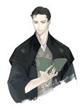  1boy black_hair black_kimono book commentary_request fate/grand_order fate_(series) highres holding holding_book japanese_clothes k500yen kimono light_smile looking_away male_focus simple_background solo takechi_zuizan_(fate) upper_body white_background yellow_eyes 