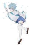  1boy blue_eyes blue_hair blue_skirt chongyun_(genshin_impact) cosplay_request crossdressing full_body genshin_impact highres japanese_clothes looking_at_viewer male_focus nakura_hakuto sandals skirt solo talisman thigh-highs white_background white_legwear 