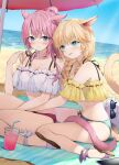  2girls absurdres animal_ears avatar_(ff14) bangs beach bikini blonde_hair blush braid breasts cat_ears cat_tail commission day eyebrows_visible_through_hair eyewear_removed facial_mark final_fantasy final_fantasy_xiv frilled_bikini frills green_eyes highres long_hair medium_breasts miqo&#039;te multiple_girls parasol pink_hair ponytail sandals sitting skeb_commission sunglasses swimsuit tail twin_braids umbrella violet_eyes water whisker_markings yana_mori 