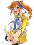  1girl :d ace_attorney athena_cykes bangs black_gloves blue_eyes blue_necktie blue_ribbon breasts collared_shirt eyebrows_visible_through_hair gloves hair_ribbon jacket jewelry koide_yoshito long_hair looking_at_viewer necklace necktie open_clothes open_jacket open_mouth orange_hair pantyhose ribbon shirt side_ponytail single_glove skirt smile solo swept_bangs v white_background white_shirt yellow_jacket yellow_skirt 
