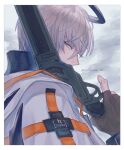  1boy arknights artist_name bishounen clouds cloudy_sky elmar executor_(arknights) fingerless_gloves from_side gloves gun halo looking_at_viewer male_focus mechanical_halo short_hair silver_hair sky solo weapon 