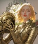  1girl animal_on_shoulder armor blonde_hair blush breastplate dragon fantasy floating_hair flower grey_background grey_eyes headwear_removed helmet helmet_removed highres holding holding_helmet knight original parted_lips realistic sangsoo_jeong short_hair solo thick_lips white_flower 