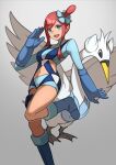  1girl :d absurdres blue_eyes blue_footwear blue_gloves blue_jacket blue_shorts boots commentary_request cropped_jacket gloves gradient gradient_background grey_background hair_ornament hand_up highres jacket leg_up midriff nana_kamiii navel one_side_up open_mouth pokemon pokemon_(creature) pokemon_(game) pokemon_bw redhead short_hair_with_long_locks short_shorts shorts sidelocks skyla_(pokemon) smile swanna teeth thigh_pouch tied_hair tongue turtleneck upper_teeth 