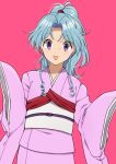 1girl :p blue_hair botan_(yu_yu_hakusho) hands_up japanese_clothes kimono pink_background pink_eyes pink_kimono ponto1588 smile solo tongue tongue_out yu_yu_hakusho 