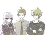  1girl 2boys ahoge amami_rantarou bangs black_gloves black_jacket black_ribbon brown_eyes brown_hair brown_necktie collarbone collared_shirt danganronpa:_trigger_happy_havoc danganronpa_(series) danganronpa_2:_goodbye_despair danganronpa_v3:_killing_harmony gloves green_eyes green_hair green_necktie grey_background grey_hair hair_ribbon hand_up hinata_hajime jacket jewelry kirigiri_kyouko long_hair long_sleeves looking_at_another mnm47579553 multiple_boys necklace necktie open_clothes open_jacket ribbon shirt short_hair simple_background striped striped_shirt upper_body violet_eyes white_shirt 