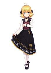  1girl absurdres ahoge blonde_hair book dress eyebrows_visible_through_hair floral_gumi hair_ribbon highres ribbon roppou_rikuru short_hair smile tsuchikure wavy_hair 