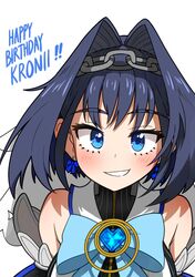  ! !! 1girl bare_shoulders blue_eyes blue_hair bow bow_earrings bowtie chain character_name ddolbang earrings eyebrows_visible_through_hair hair_between_eyes hair_intakes happy_birthday highres hololive hololive_english jewelry looking_at_viewer ouro_kronii parted_lips simple_background smile solo teeth upper_body white_background 