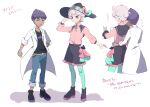  2boys :d adapted_costume bangs bede_(pokemon) belt belt_buckle black_shirt boots buckle closed_mouth collared_shirt commentary_request curly_hair green_ribbon grey_hair gvzzgl hand_on_headwear hand_up hat hop_(pokemon) labcoat male_focus multiple_boys neck_ribbon open_mouth pants pink_shirt pokemon pokemon_(game) pokemon_swsh purple_hair ribbon shirt shoes short_hair shorts smile standing teeth tongue translation_request upper_teeth violet_eyes white_background 