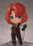  1girl borrowed_character brown_necktie chibi commission freckles full_body green_eyes highres looking_at_viewer necktie nendoroid original parted_lips redhead shiori2525 short_hair solo tattoo 