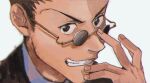  1boy black_eyes black_hair grin hand_on_own_face hand_up highres hunter_x_hunter leorio_paladiknight looking_at_viewer male_focus smile solo sunglasses torohiko white_background 