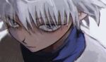  1boy bags_under_eyes blue_eyes empty_eyes expressionless hunter_x_hunter killua_zoldyck looking_at_viewer male_focus solo torohiko white_background white_hair 