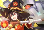  +_+ 1girl :d bangs brown_gloves brown_hair commentary_request crossover dusknoir fingerless_gloves gloves glowing hair_between_eyes happy hat holding holding_staff kono_subarashii_sekai_ni_shukufuku_wo! long_hair megumin open_mouth pokemon pokemon_(creature) pori red_eyes shiny shiny_hair shirt smile sparkle staff star_(symbol) sweat tongue witch_hat yellow_background 
