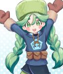  1girl :d arms_up bangs black_skirt blue_jacket blue_pupils blush_stickers braid brown_mittens commentary_request eyelashes fur-trimmed_jacket fur_hat fur_trim green_hair green_headwear green_legwear hair_between_eyes hat highres jacket long_hair long_sleeves looking_at_viewer open_mouth pantyhose pokemon pokemon_(game) pokemon_legends:_arceus raimu_(safz2322) sabi_(pokemon) skirt smile solo teeth twin_braids twintails upper_teeth 