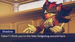  1boy ace_attorney animal_nose ascot character_name cosplay english_text formal furry furry_male gloves male_focus miles_edgeworth miles_edgeworth_(cosplay) mistyigel parody red_eyes shadow_the_hedgehog solo sonic_(series) sonic_adventure_2 suit white_gloves 