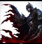  1boy artist_name batman batman_(series) bodysuit cape closed_mouth dc_comics gloves k-suwabe mask muscular simple_background solo superhero white_background 