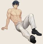  1boy abs bare_pectorals biceps black_hair jouvru looking_at_viewer muscular muscular_male navel nipples original pants pectoral_cleavage pectorals shoes sitting socks topless topless_male yellow_eyes 