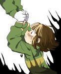  1boy 1other asriel_dreemurr bangs black_background blush bob_cut brown_hair chara_(undertale) crying crying_with_eyes_open furry furry_male grabbing green_shirt heart heart_necklace long_sleeves looking_at_another medium_hair multicolored_shirt pants red_eyes semi_kon shirt tears turtleneck undertale white_background white_fur yellow_shirt 