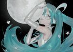  1girl adjusting_headset arms_up bare_shoulders blue_eyes blue_hair blue_ribbon blue_theme character_name chromatic_aberration dark_background diffraction_spikes elbow_gloves flat_chest full_moon glint glitter gloves grey_gloves grey_theme hair_over_one_eye half-closed_eyes hand_rest hatsune_miku headset high_collar iridescent limited_palette long_hair looking_at_viewer mi8pq moon muted_color neck_ribbon number_tattoo one_eye_covered parted_lips ribbon shoulder_tattoo sleeveless solo star_(symbol) tattoo teeth twintails upper_body very_long_hair vocaloid 