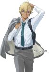  1boy amuro_tooru arm_up bangs belt black_belt blonde_hair blue_eyes blue_necktie collared_shirt commentary grey_jacket grey_pants hair_between_eyes hand_on_own_head holding holding_clothes holding_jacket indesign jacket jacket_over_shoulder jacket_removed looking_at_viewer male_focus meitantei_conan necktie pants parted_lips shirt shirt_tucked_in short_hair signature simple_background solo standing white_background white_shirt 