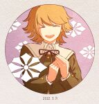  1boy :d bangs black_ribbon brown_hair brown_jacket closed_eyes danganronpa:_trigger_happy_havoc danganronpa_(series) dated eyebrows_visible_through_hair facing_viewer fujisaki_chihiro grey_background happy highres jacket kiri_(2htkz) long_sleeves male_focus neck_ribbon otoko_no_ko own_hands_together ribbon short_hair smile teeth upper_teeth 