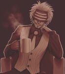  1boy ace_attorney black_pants brown_theme buttons chair coffee collared_shirt cup dark-skinned_male dark_skin earrings facial_hair formal goatee godot_(ace_attorney) grin hand_on_own_cheek hand_on_own_face headgear highres jewelry long_sleeves messy_hair mug necktie omega_(omega_yang) pants phoenix_wright:_ace_attorney_-_trials_and_tribulations shirt sitting smile smoke vest visor white_hair white_vest 