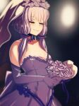  1girl absurdres at2. blush bouquet breasts closed_mouth dress earrings elbow_gloves eyebrows_visible_through_hair facing_away gloves highres holding holding_bouquet jewelry lips long_hair low_twintails purple_dress purple_gloves purple_hair small_breasts smile solo twintails voiceroid wedding_dress yuzuki_yukari 